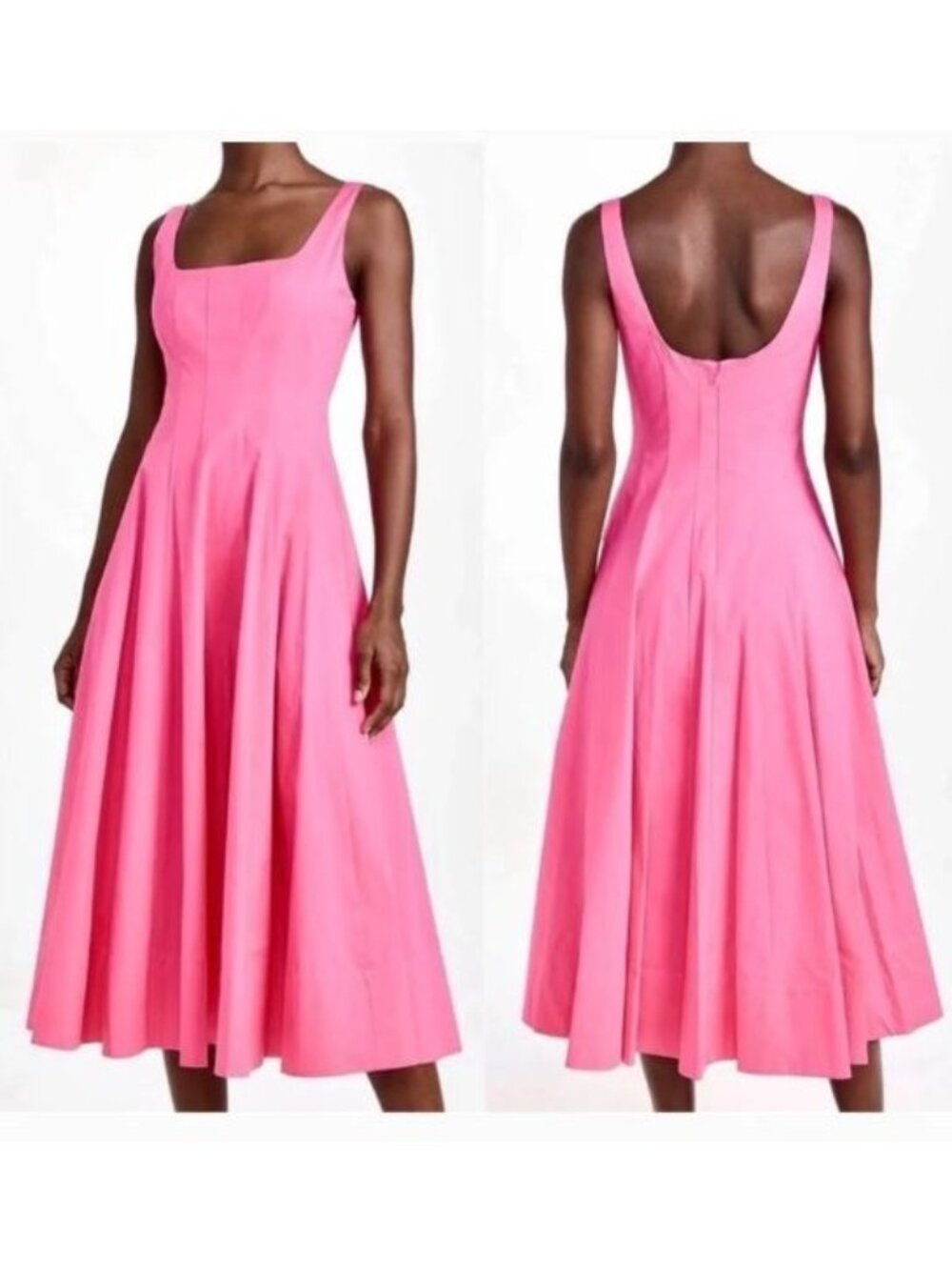 Staud Wells Midi Dress Women Size 2 Plumeria Pink Scoop Neck Sleeveless Pleated